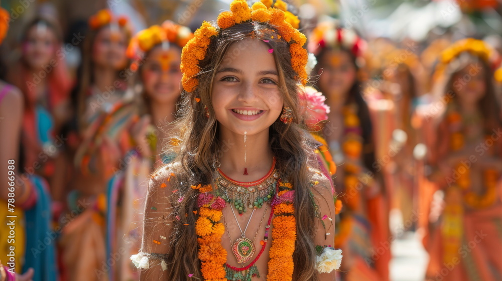 Group of Young Girls in Colorful Costumes Group of Young Girls in Colorful Costumes