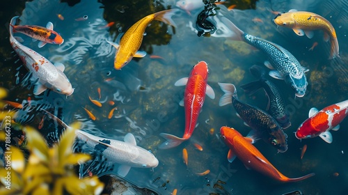 Colorful decorative fish float in an artificial pond, view from above