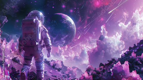 An astronaut treads across an alien landscape, with the awe of cosmic discovery reflected in their visor against a backdrop of vibrant nebulae and a distant planet photo