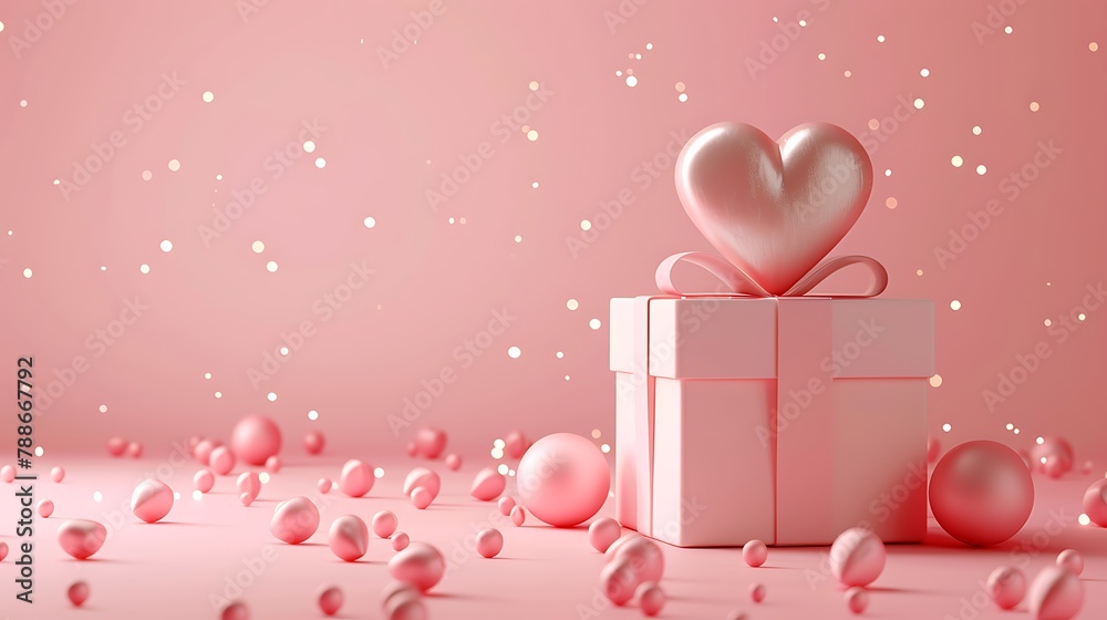 Gift box with heart on a pastel pink background