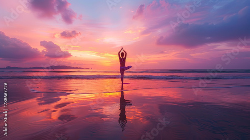 Graceful Yoga Pose Reflection on Beach at Sunset with Dramatic Sky