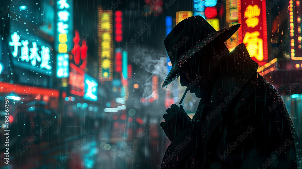  detective's silhouette emerges sharp against the fluorescent buzz of a rain-drenched city night