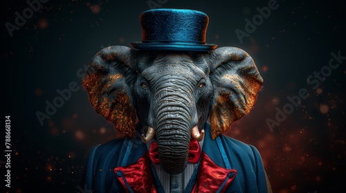   An elephant dons a blue jacket, a red bow tie, and a top hat on its head © Nadia