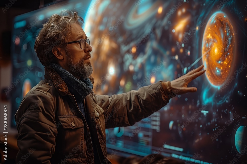 Person gesturing towards a cosmic display Person gesturing towards a cosmic display