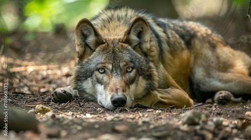 European gray wolf lies on the ground in a forest and looks into the camera at zoo