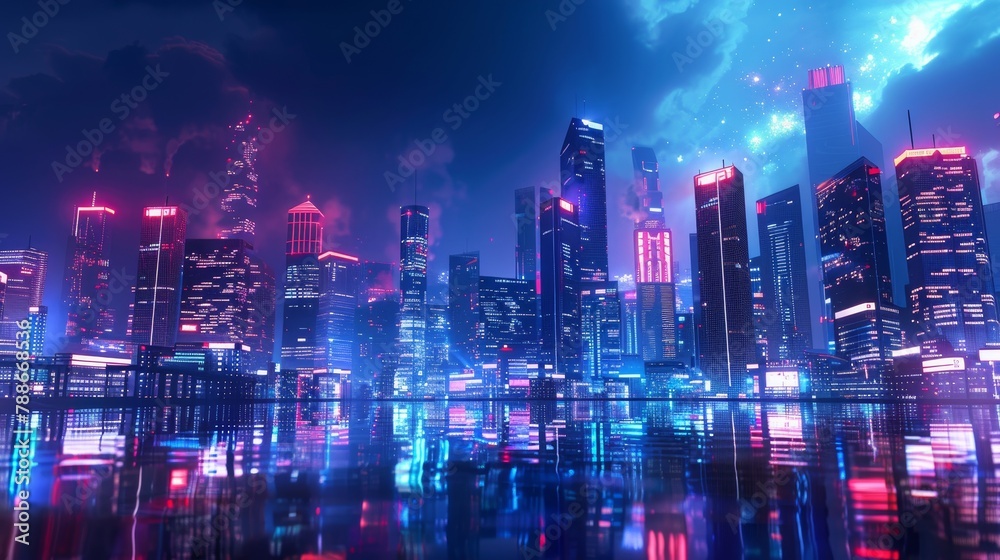 a city skyline with lights and reflection of fireworks