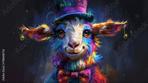  A painting of a colorful sheep wearing a top hat and a bow tie, adorned with music notes emerging from its ears