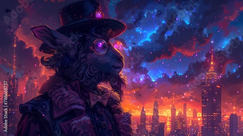  A man in a top hat and trench coat stands before a backdrop of a night cityscape and star-studded sky