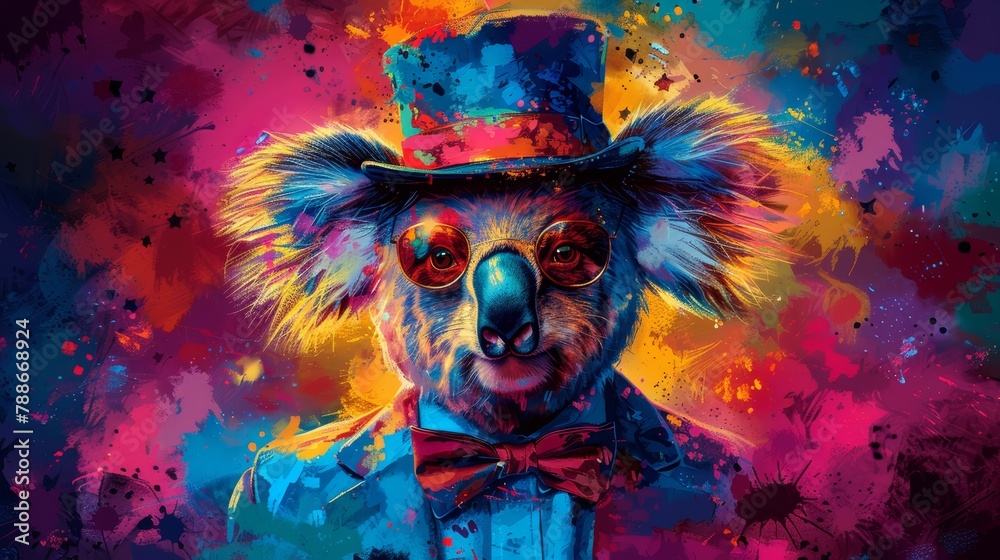 A painting of a dog in a top hat and bow tie against a backdrop of splattered paint A painting of a dog in a top hat and bow tie against a backdrop of splattered paint