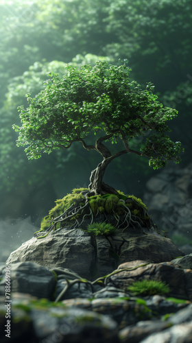 Solitary bonsai tree growing atop a rocky outcrop in a lush forest, symbolizing resilience, nature, serenity, and harmony with its detailed greenery and tranquil, misty environment