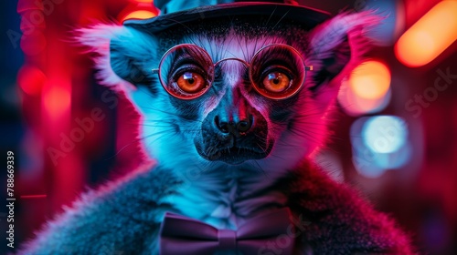   A detailed shot of a toy animal donning a top hat and bow tie against a backdrop of radiant lights photo