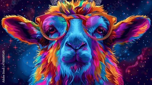   A sheep wearing glasses is situated against a backdrop of a star-studded sky, brimming with bright celestial bodies © Nadia