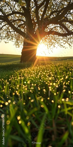 unlight Peeking Through a Tree, Casting a Golden Glow on Morning Dew Drops, Generative AI photo