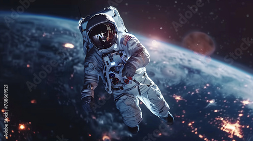 Astronaut floating in space with Earth in the background, details of a complex space suit, bright stars and distant galaxies, realistic style, ultra detailed © ch3r3d4r4f43l