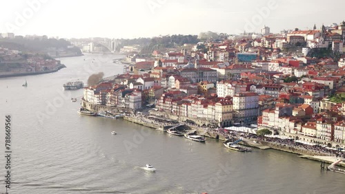 Porto, Portugal amazing view of the Douro river, the old town, Cais da Ribeira and Ponte da Arrabida in distance