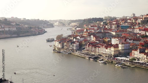 Porto, Portugal amazing view of the Douro river, the old town, Cais da Ribeira and Ponte da Arrabida in distance