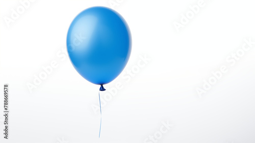 One blue balloon suspended in air with blue string on white background