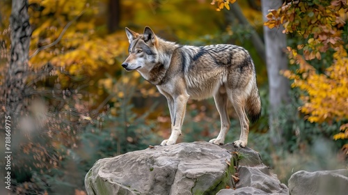 Large male grey wolf standing on a rock in the forest
