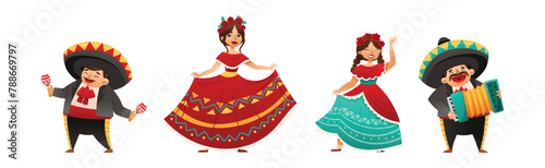 Mexican People Character Wearing Traditional Clothes Playing Musical Instrument and Dancing Vector Set