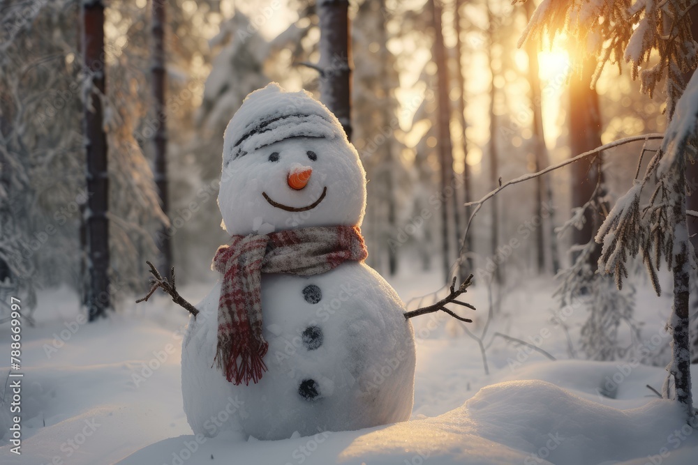Obraz premium Serene Snowman winter forest art. Scene nature. Generate Ai