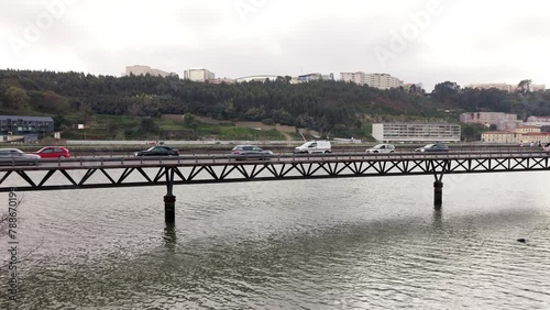 Porto, Portugal car traffic on bridge Viaduto do Cais das Pedras