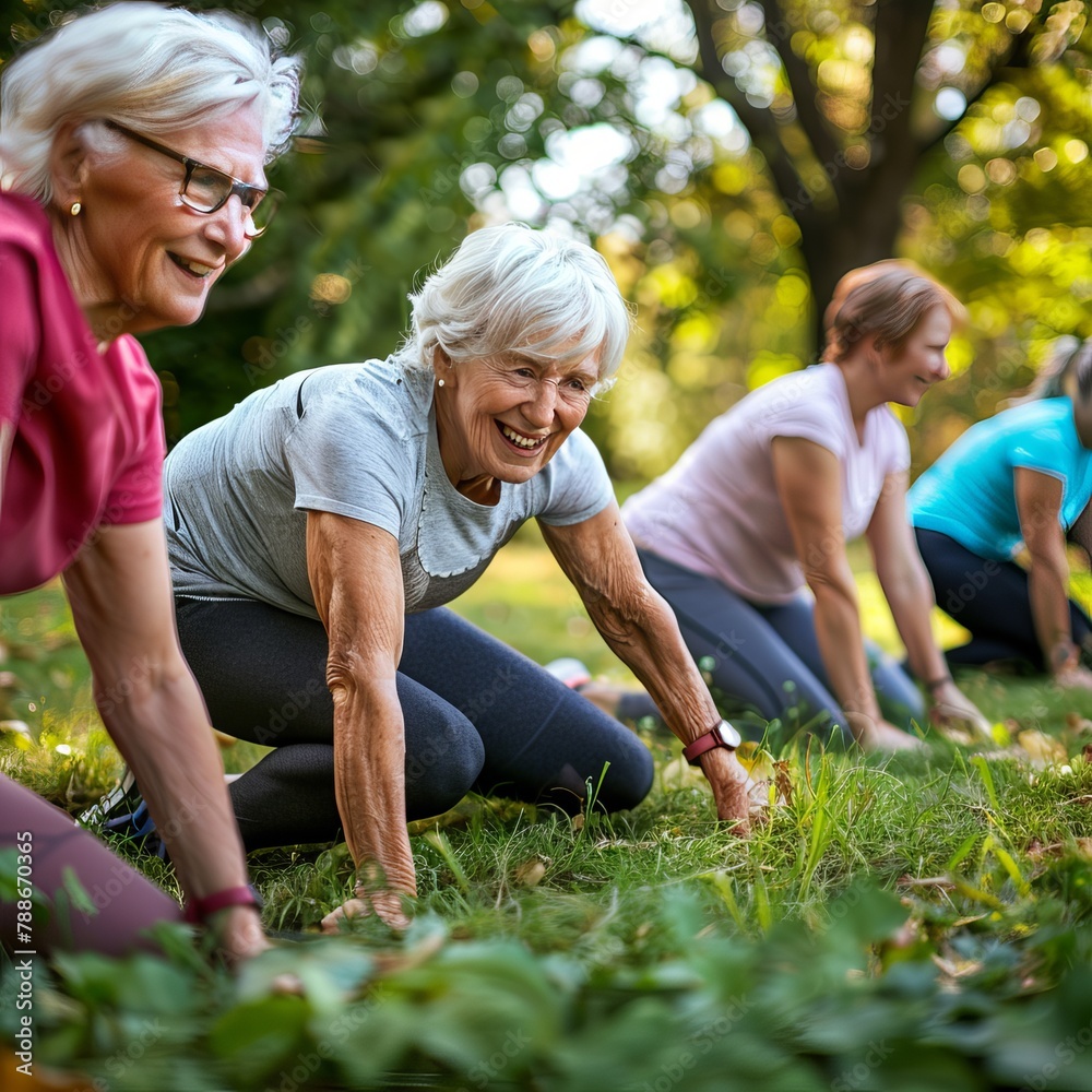 Senior ladies doing exercise together in garden during group fitness class - Healthy aging and active lifestyle