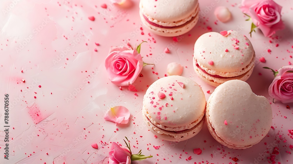 Heart-shaped macaroons with rose flower on a pink pastel background Heart-shaped macaroons with rose flower on a pink pastel background