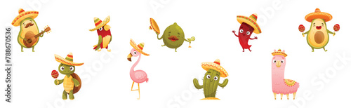 Mexican Funny Character with Cute Face Enjoy Holiday Vector Set © Happypictures