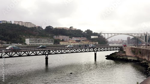 Porto, Portugal car traffic on bridge Viaduto do Cais das Pedras