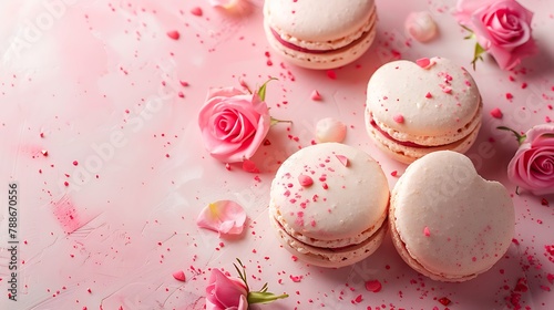 Heart-shaped macaroons with rose flower on a pink pastel background photo