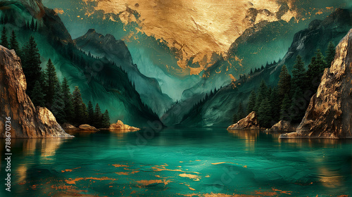 An abstract oil painting of nature with a dark greenish duotone color palette in a unique atmosphere. Landscape with natural elements in dark and expressive green tones.