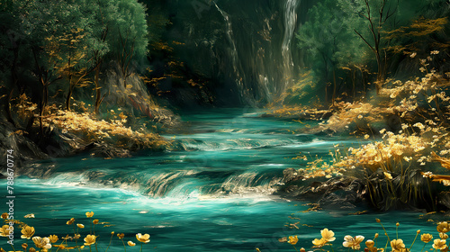 An abstract oil painting of nature with a dark greenish duotone color palette in a unique atmosphere. Landscape with natural elements in dark and expressive green tones.