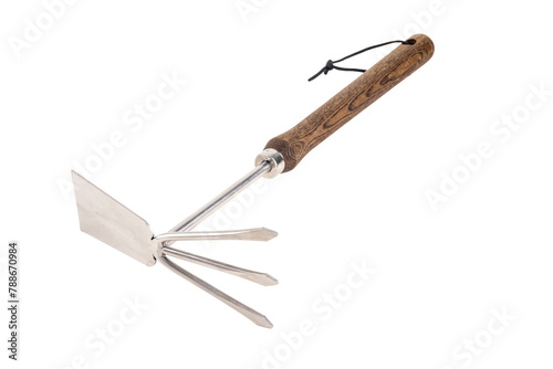 premium stainless steel gardening rake with brown wooden handle isolated in perspective on white background