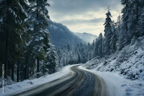 Serene Snowy road with mountain view. Winter alpine scenic landscape nature. Generate ai © juliars