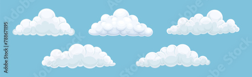 Fluffy Soft Cloud Isolated on Blue Background Vector Set