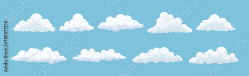 Fluffy Soft Cloud Isolated on Blue Background Vector Set