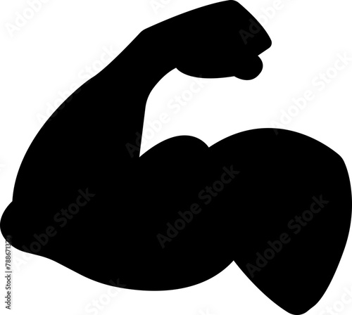 Arm muscle flex strong emoji flat black icon. Bodybuilder vector macho biceps gym flexing doodle hand isolated on transparent background. Power strength weightlifting symbol.