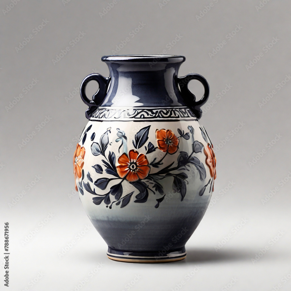 Traditional Ceramic Vase, Floral Motif, Elegant Home Decor, isolated on a white background