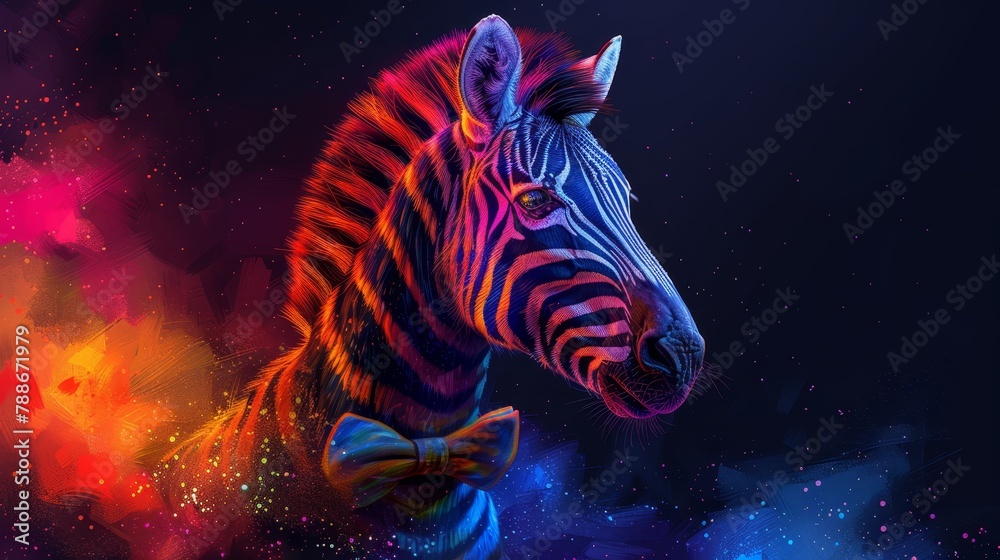 Obraz premium A zoomed-in image of a zebra donning a bowtie against a star-filled night sky and vibrant backdrop