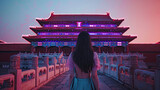 An Asian woman standing in front of ancient Chinese architecture, with neon style, grand monument, Forbidden City