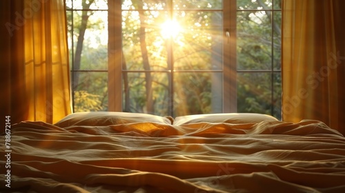   A bed adorned with a blanket and pillows faces a sunlit window, its panes transmitting the golden rays photo