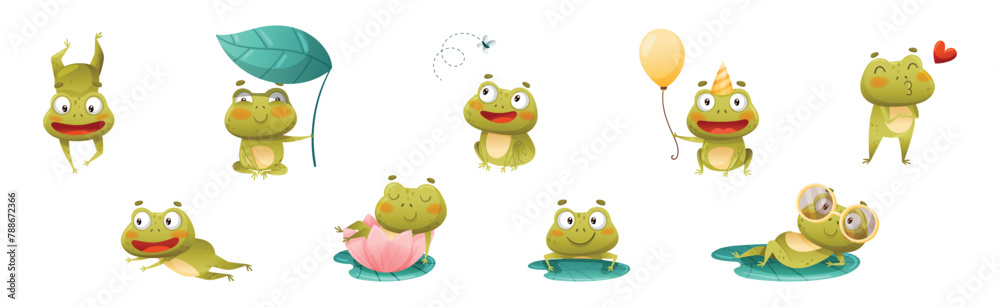 Naklejka premium Funny Green Frog Character Engaged in Different Activity Vector Set