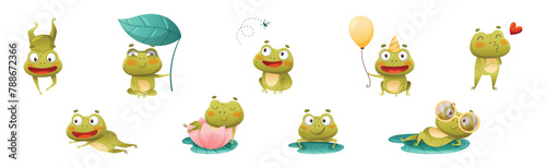 Funny Green Frog Character Engaged in Different Activity Vector Set © Happypictures