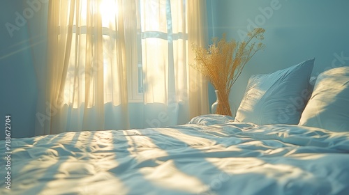  A bed with a white comforter Nearby, a vase holds a plant By the window, sheer curtains frame the view