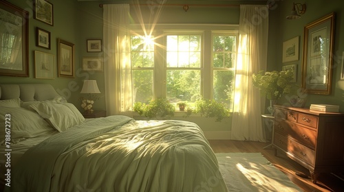  A bed faces a window in a bedroom, sunlit by streaming daylight A dresser houses a lamp atop it