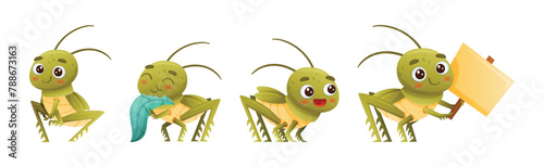 Cute Little Grasshopper Engaged in Various Activity Vector Set