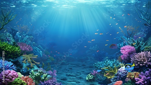 Underwater coral reef landscape background in the deep blue ocean with colorful fish and marine life