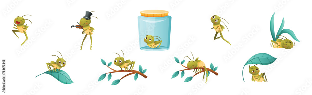 Naklejka premium Cute Little Grasshopper Engaged in Various Activity Vector Set