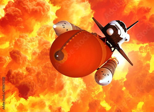 Space shuttle launch in the clouds of fire. 3d illustration.