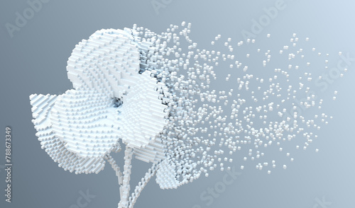 White digital flower viola disintegrates to 3d pixels. 3d illustration. photo